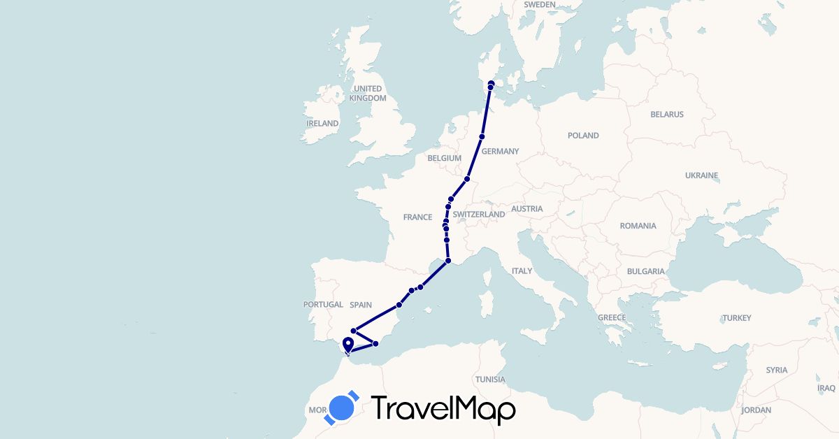 TravelMap itinerary: driving in Germany, Denmark, Spain, France, Gibraltar (Europe)
